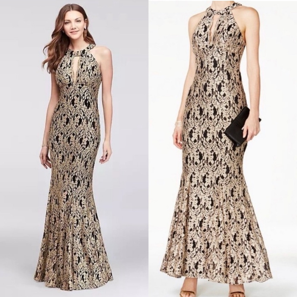 Night Way Collections Black and Gold Lace Gown Size 6